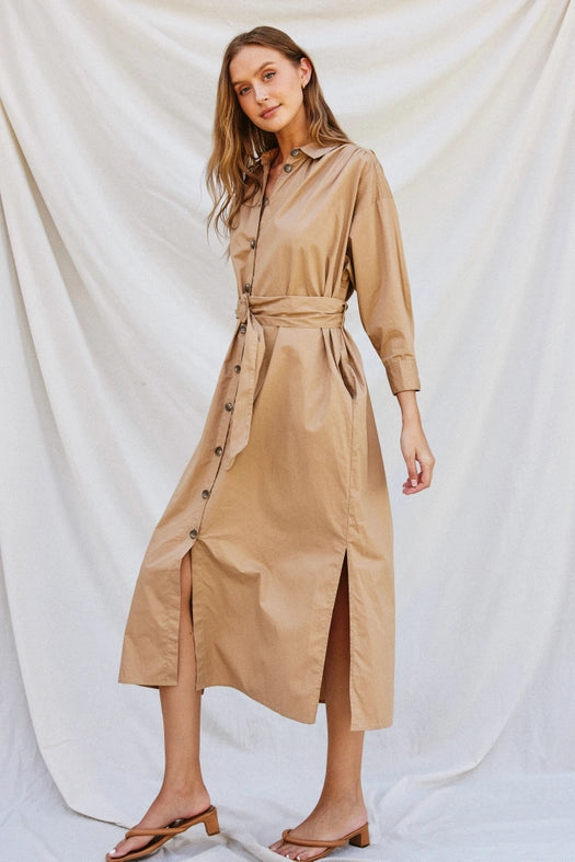 Cotton Poplin Buckled Belt Shirt Dress SAND-Dress-Dress Forum-S-Urbanheer