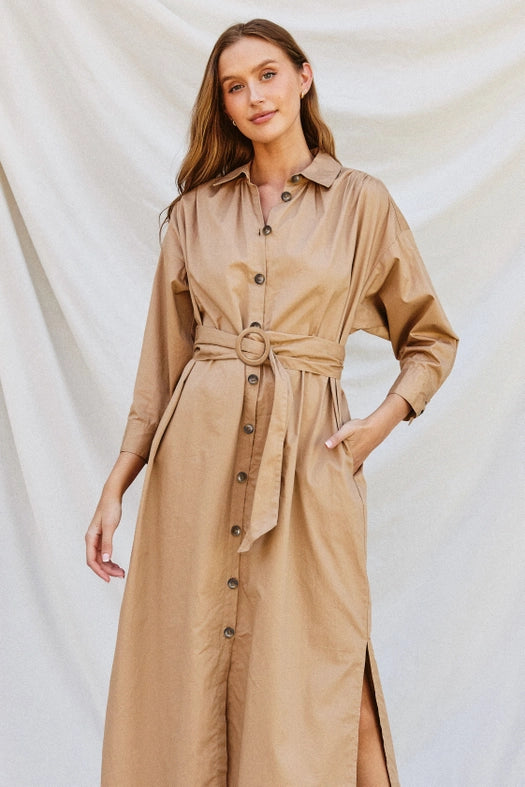 Cotton Poplin Buckled Belt Shirt Dress SAND-Dress-Dress Forum-S-Urbanheer