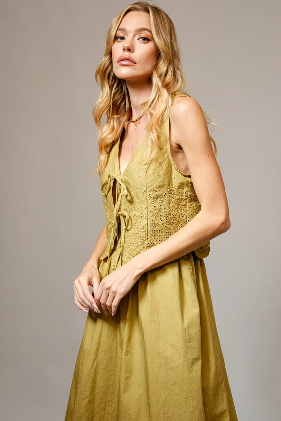 Cotton Poplin Button Up Scallop Maxi Dress-Dress-Blue B-S-DARK SAND-Urbanheer