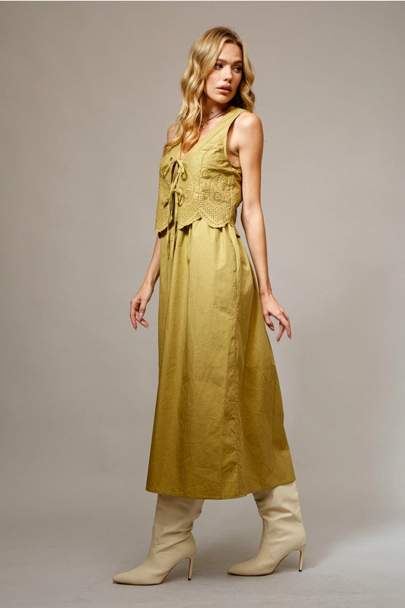 Cotton Poplin Button Up Scallop Maxi Dress-Dress-Blue B-S-DARK SAND-Urbanheer