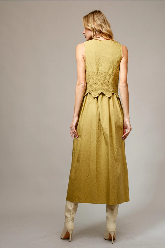 Cotton Poplin Button Up Scallop Maxi Dress-Dress-Blue B-S-DARK SAND-Urbanheer