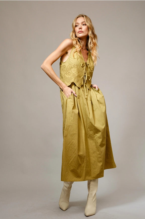 Cotton Poplin Button Up Scallop Maxi Dress-Dress-Blue B-S-DARK SAND-Urbanheer