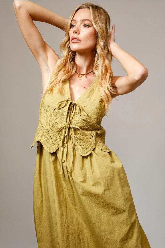 Cotton Poplin Button Up Scallop Maxi Dress-Dress-Blue B-S-DARK SAND-Urbanheer