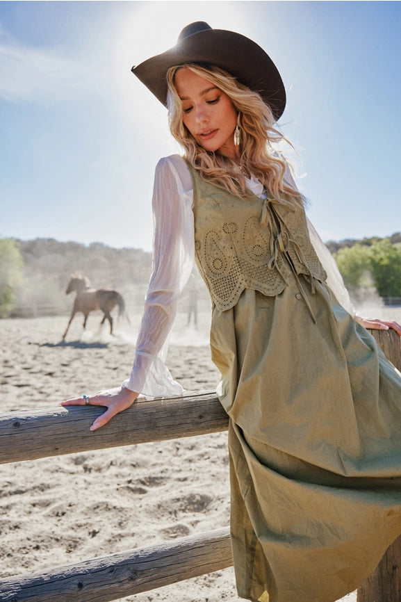 Cotton Poplin Button Up Scallop Maxi Dress-Dress-Blue B-S-DARK SAND-Urbanheer