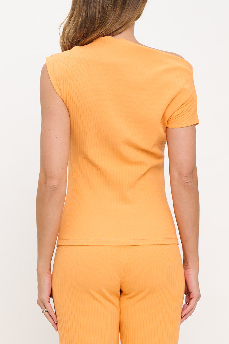 Cotton Rib Knit Off the Shoulder Top with Ruched Detail-New Arrival-Reneecollection-Small-ORANGE-Urbanheer