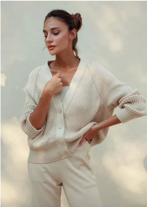 Cotton Rich Textured V-Neck Cardigan Geometria-Cardigan-Nenya Fashion Limited-XS/S-Cream-Urbanheer