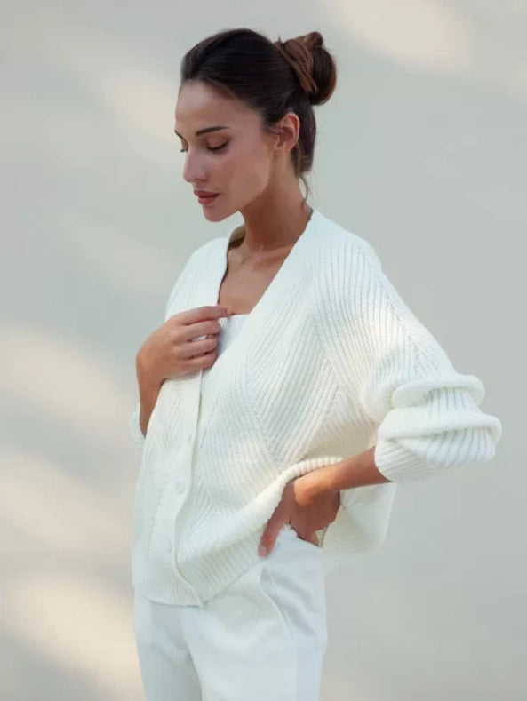 Cotton Rich Textured V-Neck Cardigan Geometria-Cardigan-Nenya Fashion Limited-XS/S-Milk-Urbanheer