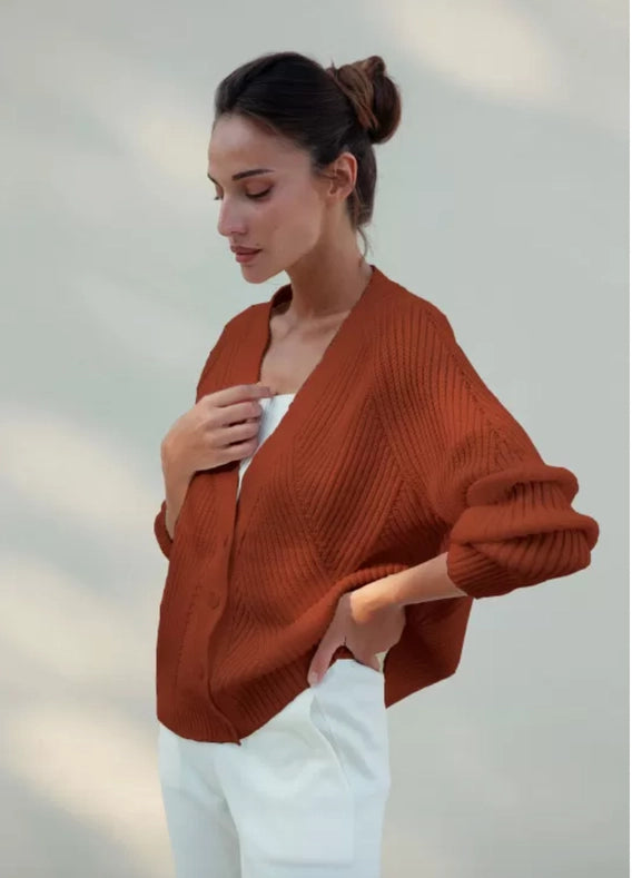 Cotton Rich Textured V-Neck Cardigan Geometria-Cardigan-Nenya Fashion Limited-XS/S-Terracotta-Urbanheer