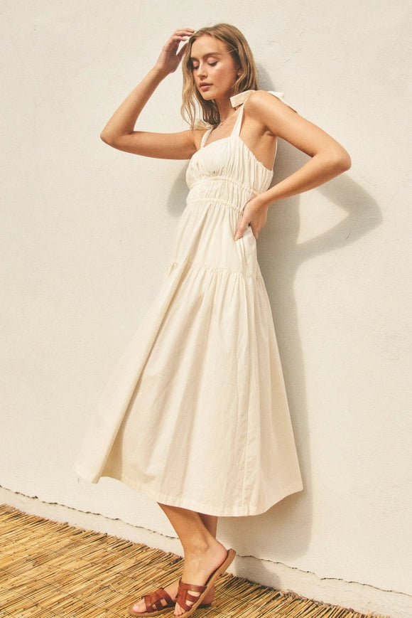 Cotton Shirred Fit And Flare Midi Dress Eggshell-Dress-Dress Forum-S-Urbanheer