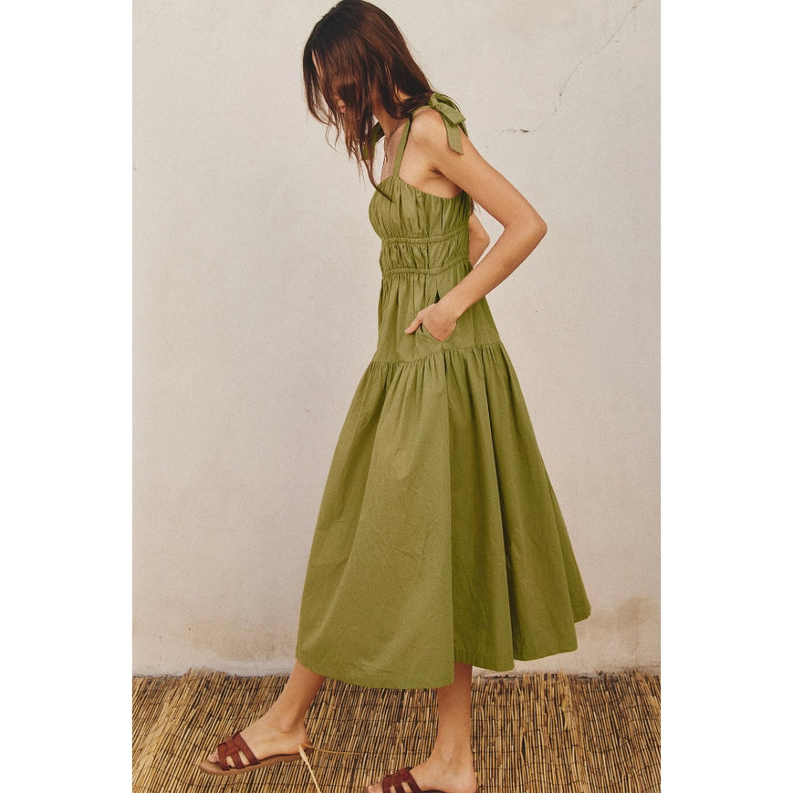 Cotton Shirred Fit And Flare Midi Dress Ibiza Green-Dress-Dress Forum-S-Urbanheer