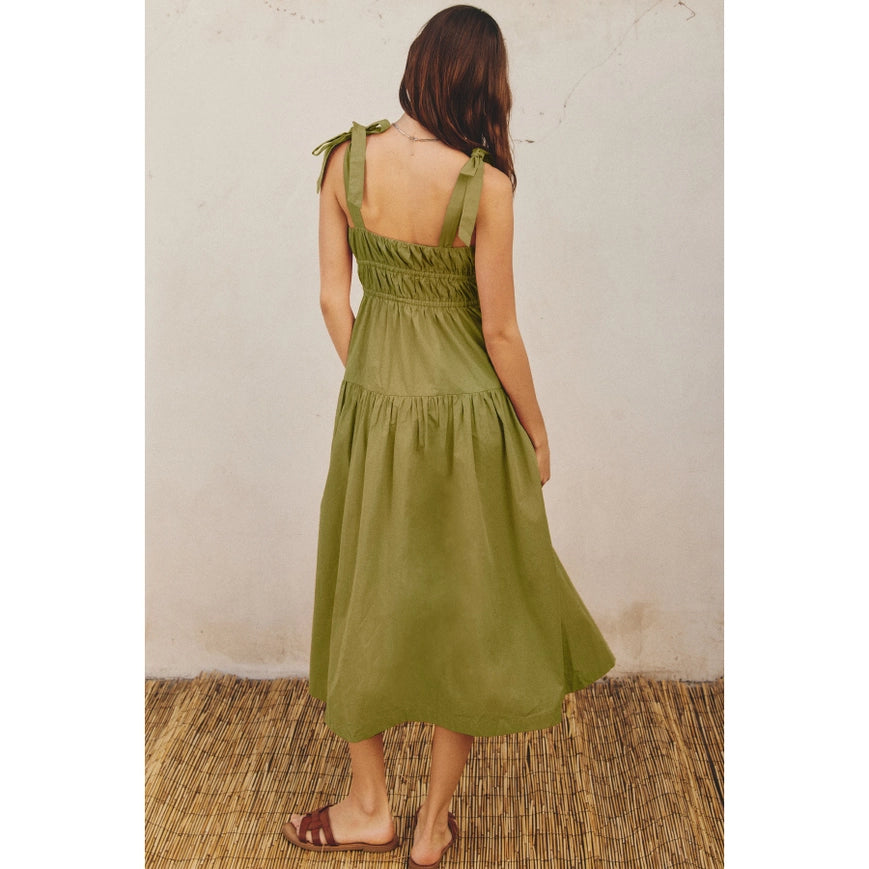 Cotton Shirred Fit And Flare Midi Dress Ibiza Green-Dress-Dress Forum-S-Urbanheer