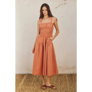 Cotton Shirred Fit And Flare Midi Dress Terra Cotta-Dress-Dress Forum-S-Urbanheer