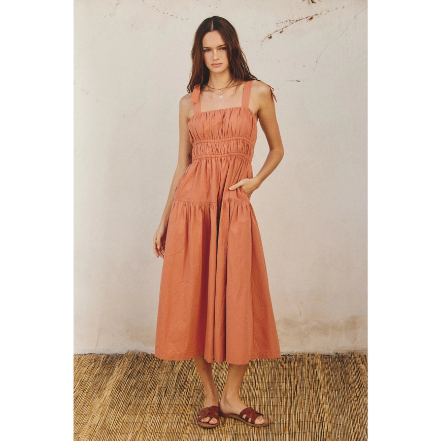 Cotton Shirred Fit And Flare Midi Dress Terra Cotta-Dress-Dress Forum-S-Urbanheer
