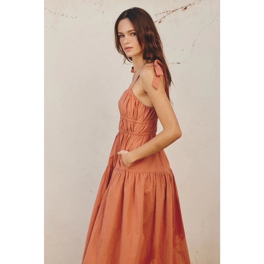 Cotton Shirred Fit And Flare Midi Dress Terra Cotta-Dress-Dress Forum-S-Urbanheer