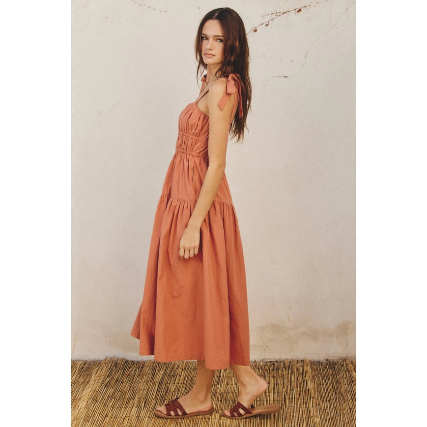 Cotton Shirred Fit And Flare Midi Dress Terra Cotta-Dress-Dress Forum-S-Urbanheer