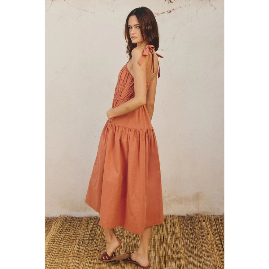 Cotton Shirred Fit And Flare Midi Dress Terra Cotta-Dress-Dress Forum-S-Urbanheer