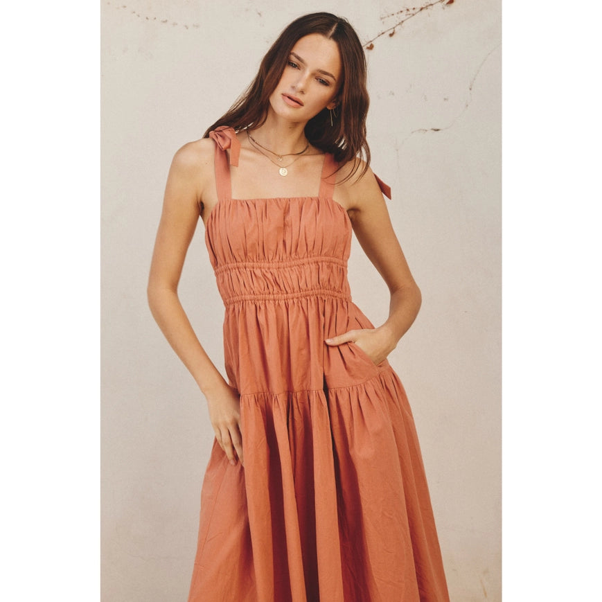 Cotton Shirred Fit And Flare Midi Dress Terra Cotta-Dress-Dress Forum-S-Urbanheer