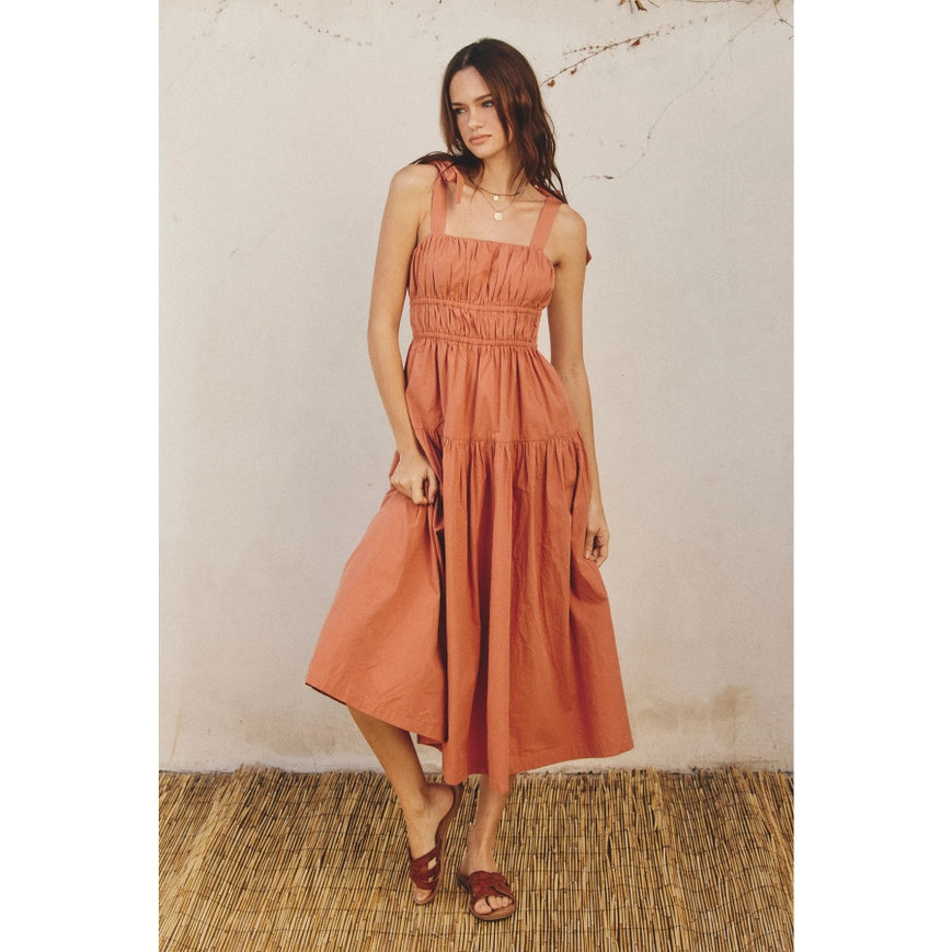 Cotton Shirred Fit And Flare Midi Dress Terra Cotta-Dress-Dress Forum-S-Urbanheer