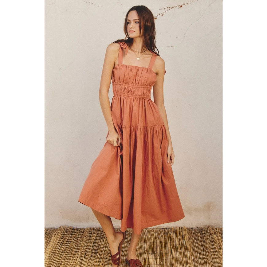 Cotton Shirred Fit And Flare Midi Dress Terra Cotta-Dress-Dress Forum-S-Urbanheer