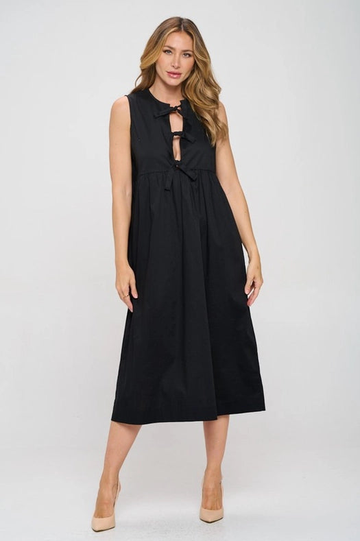 Cotton Sleeveless Midi Dress with Front Tie-Dress-Renee C.-S-BLACK-Urbanheer