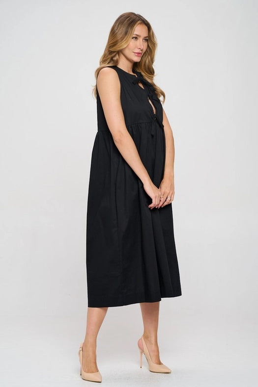 Cotton Sleeveless Midi Dress with Front Tie-Dress-Renee C.-S-BLACK-Urbanheer