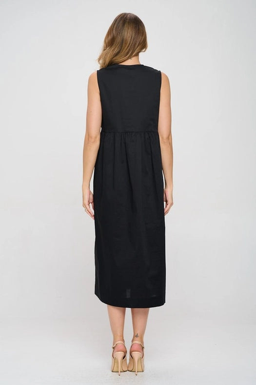 Cotton Sleeveless Midi Dress with Front Tie-Dress-Renee C.-S-BLACK-Urbanheer