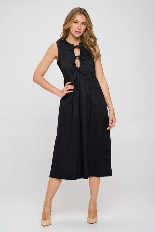 Cotton Sleeveless Midi Dress with Front Tie-Dress-Renee C.-S-BLACK-Urbanheer
