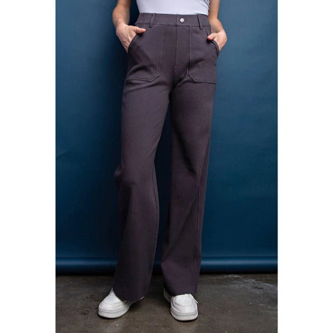 Cotton Stretch Twill Double Button Up Flared Pants Charcoal-Pants-Rae Mode-S-Urbanheer