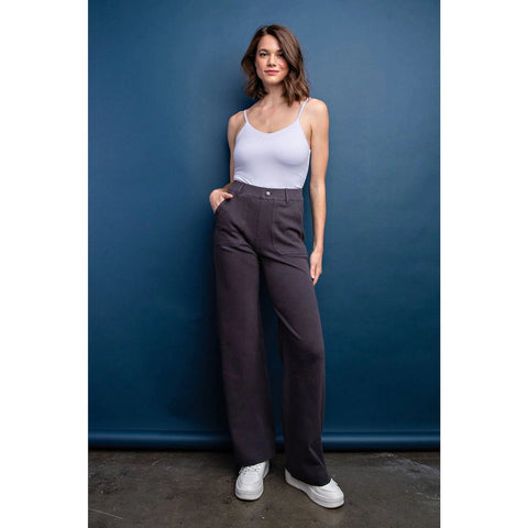 Cotton Stretch Twill Double Button Up Flared Pants Charcoal-Pants-Rae Mode-S-Urbanheer
