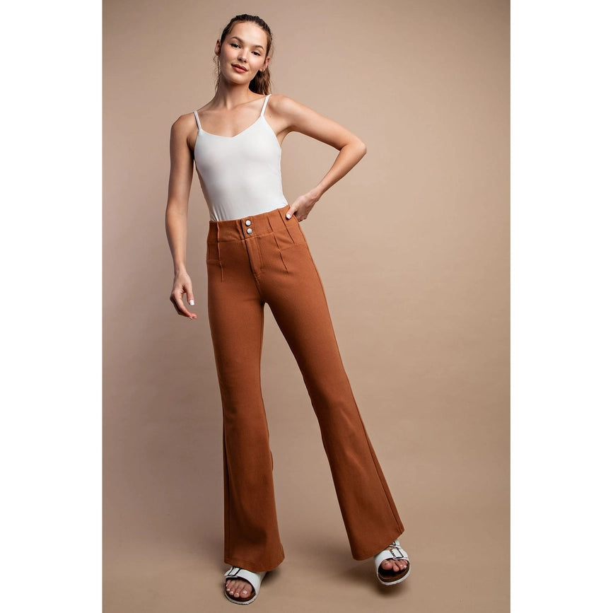 Cotton Stretch Twill Double Button Up Flared Pants Chestnut-Pants-Rae Mode-S-Urbanheer