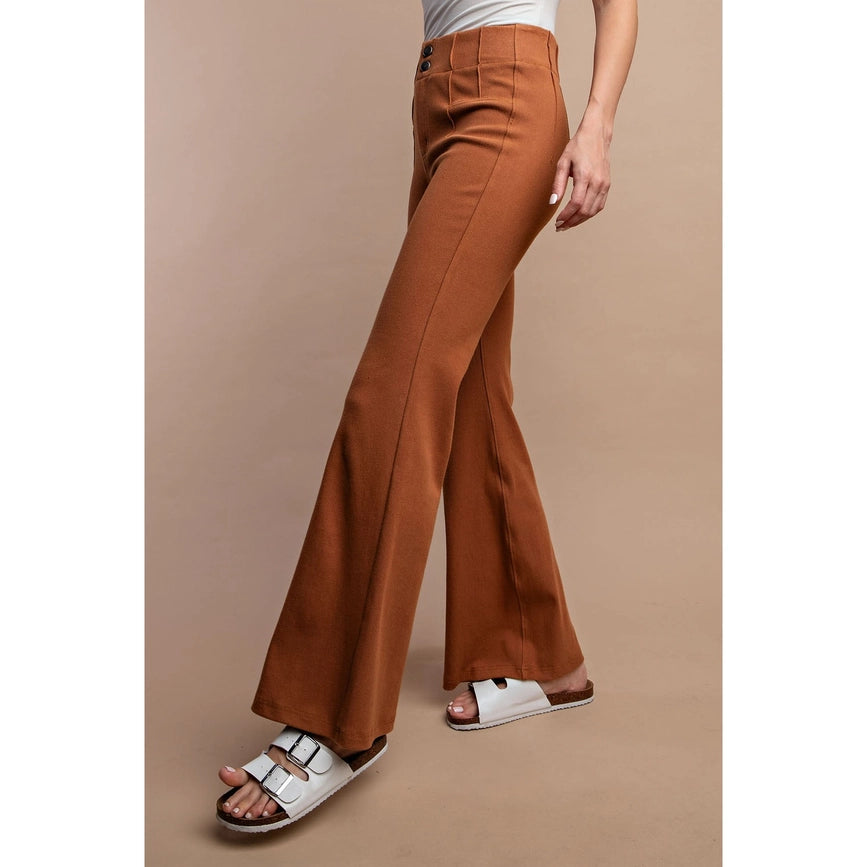 Cotton Stretch Twill Double Button Up Flared Pants Chestnut-Pants-Rae Mode-S-Urbanheer