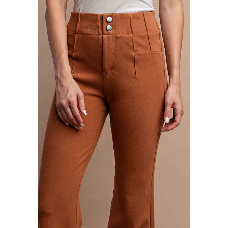 Cotton Stretch Twill Double Button Up Flared Pants Chestnut-Pants-Rae Mode-S-Urbanheer
