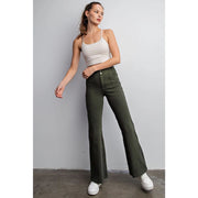 Cotton Stretch Twill Double Button Up Flared Pants Olive-Pants-Rae Mode-S-Urbanheer