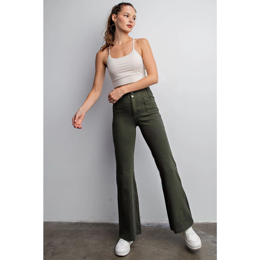 Cotton Stretch Twill Double Button Up Flared Pants Olive-Pants-Rae Mode-S-Urbanheer