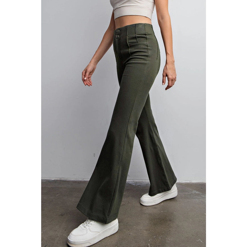 Cotton Stretch Twill Double Button Up Flared Pants Olive-Pants-Rae Mode-S-Urbanheer