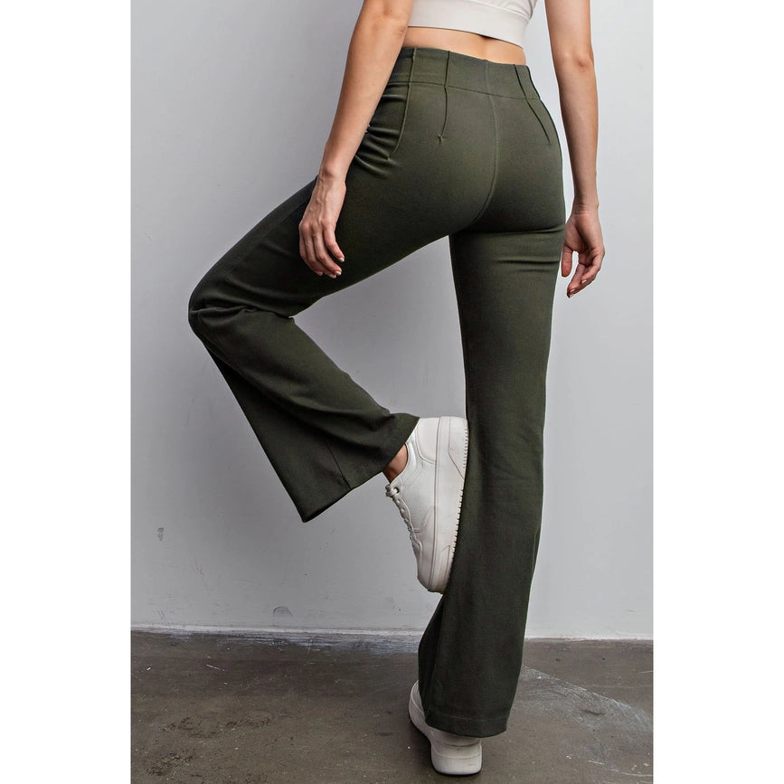 Cotton Stretch Twill Double Button Up Flared Pants Olive-Pants-Rae Mode-S-Urbanheer