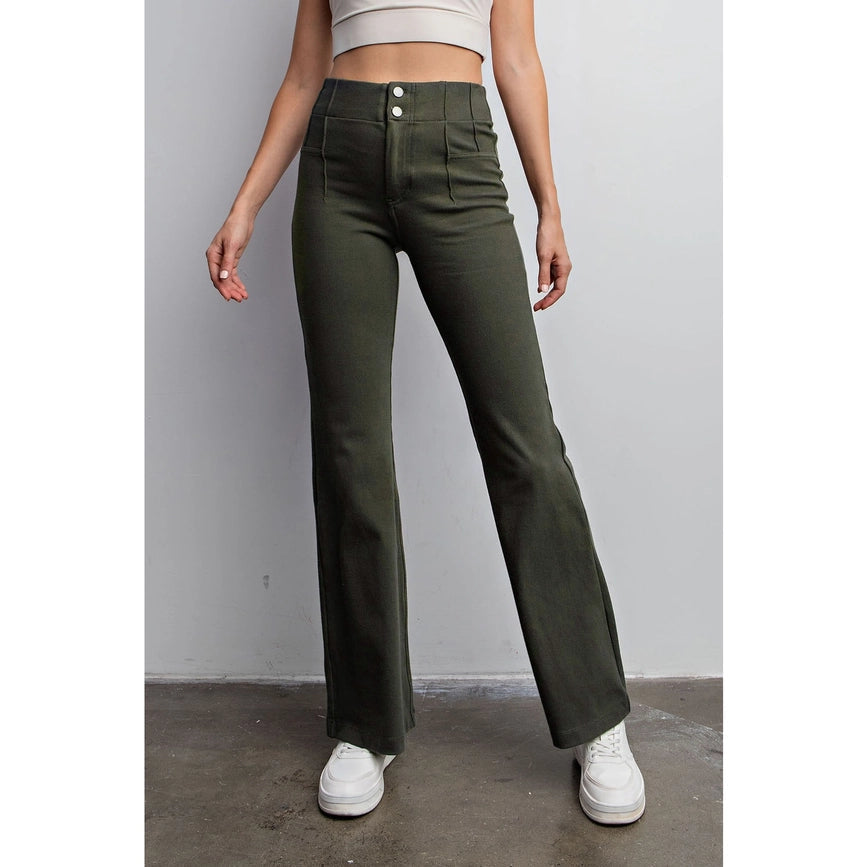 Cotton Stretch Twill Double Button Up Flared Pants Olive-Pants-Rae Mode-S-Urbanheer