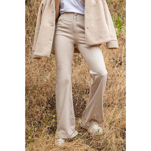 Cotton Stretch Twill Double Button Up Flared Pants Stone-Pants-Rae Mode-M-Urbanheer