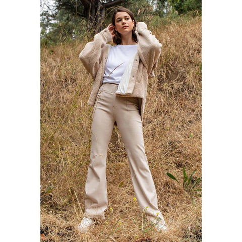 Cotton Stretch Twill Double Button Up Flared Pants Stone-Pants-Rae Mode-S-Urbanheer