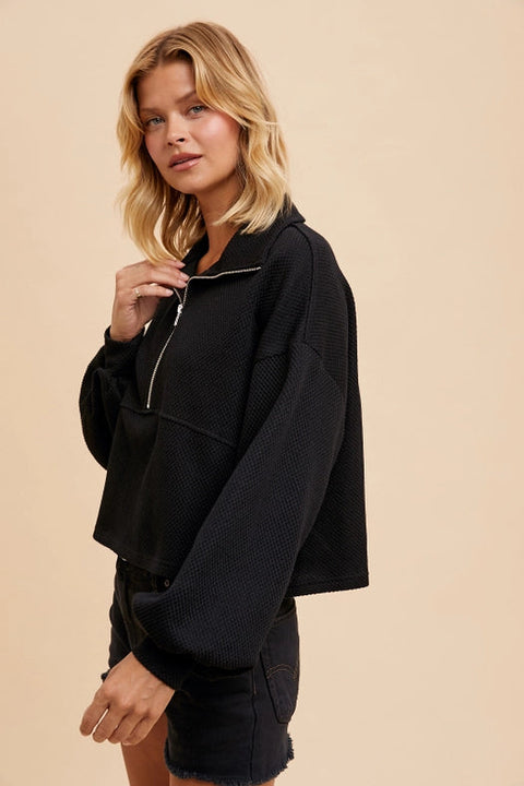 Cotton Thermal Cropped Half Zip Pullover Black-Pullover-In Loom-S-Urbanheer