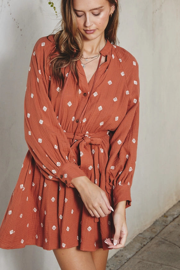 Cotton Tie Waist Mini Dress Raw Sienna-Dress-Dress Forum-S-RAW SIENNA-Urbanheer