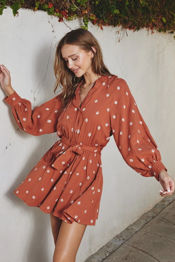 Cotton Tie Waist Mini Dress Raw Sienna-Dress-Dress Forum-S-RAW SIENNA-Urbanheer