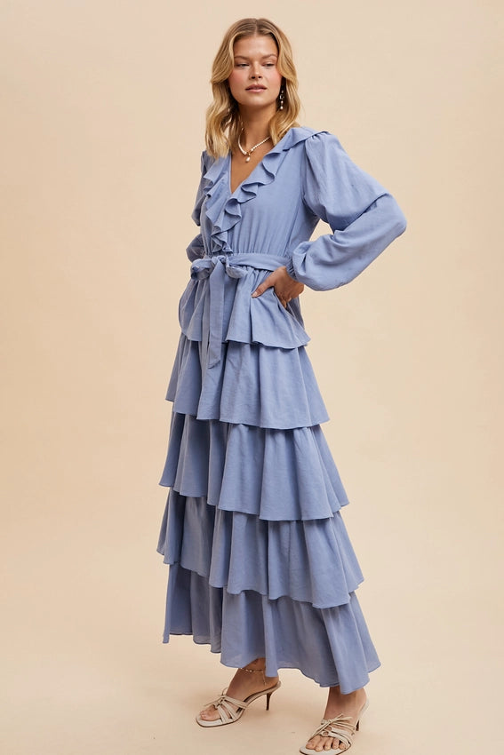 Cotton Tiered Ruffle Maxi Dress ELEMENTAL BLUE-Dress-In Loom-S-ELEMENTAL BLUE-Urbanheer