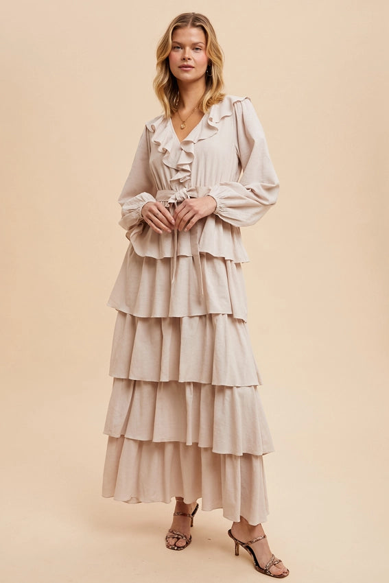 Cotton Tiered Ruffle Maxi Dress LINEN-Dress-In Loom-S-LINEN-Urbanheer