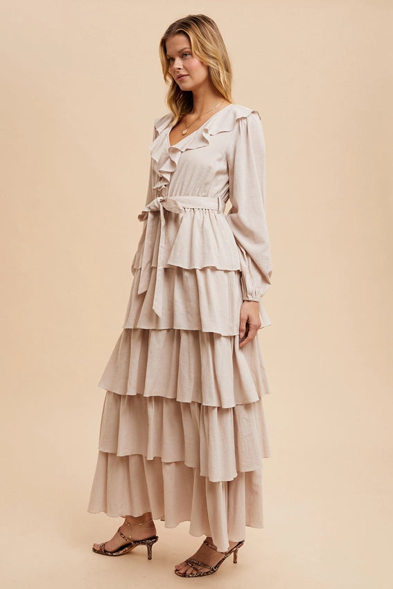 Cotton Tiered Ruffle Maxi Dress LINEN-Dress-In Loom-S-LINEN-Urbanheer