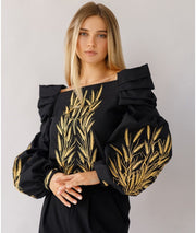 Cotton Women'S Embroidered Blouse Ear Of Wheat Black-Blouse-Art Lev-42-Urbanheer