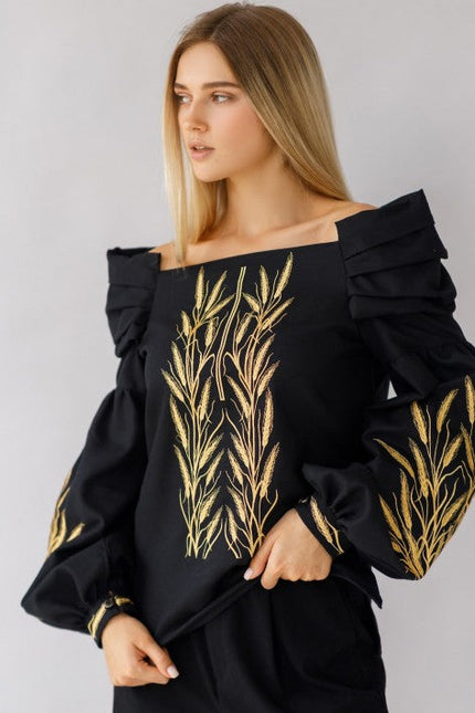 Cotton Women's Embroidered Blouse Ear of Wheat Black