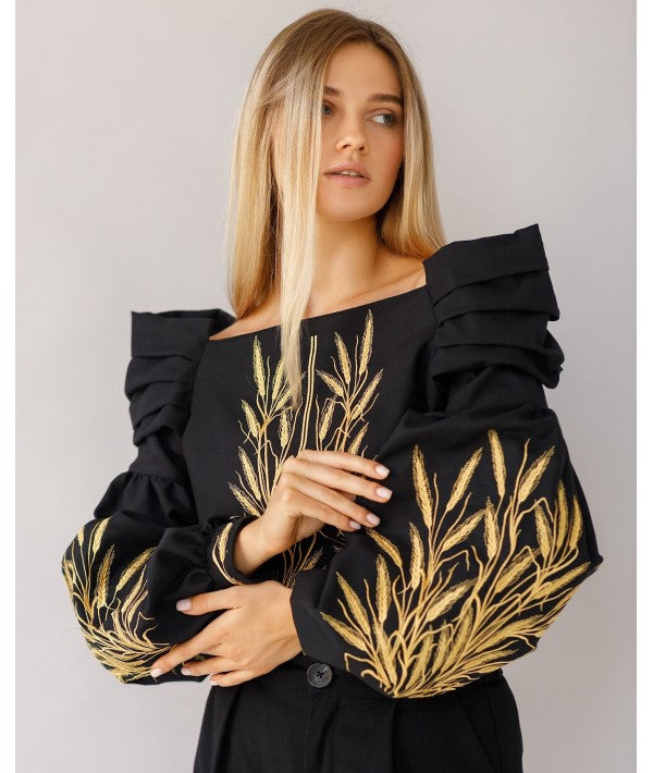 Cotton Women'S Embroidered Blouse Ear Of Wheat Black-Blouse-Art Lev-42-Urbanheer