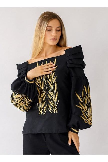 Cotton Women's Embroidered Blouse Ear of Wheat Black