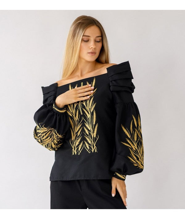 Cotton Women'S Embroidered Blouse Ear Of Wheat Black-Blouse-Art Lev-42-Urbanheer